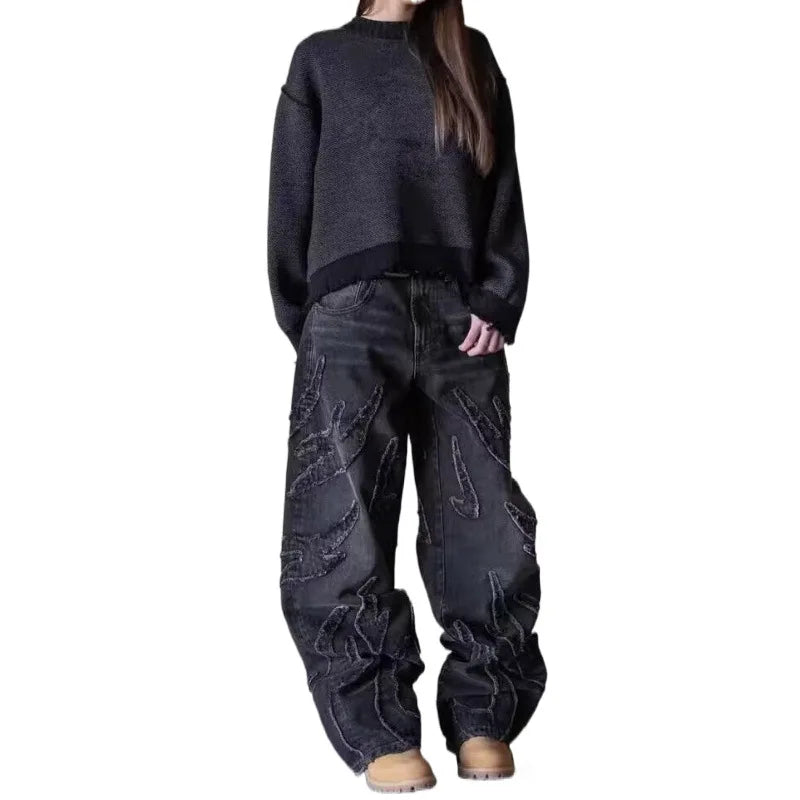 American Retro Bat Pattern Embroidered Loose Jeans Men's Street Fashion Pants Lazy Jeans Straight Leg Mid Waist Zipper Closure