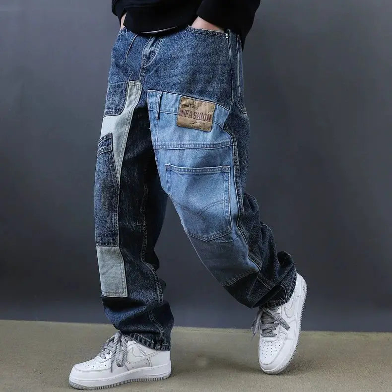 2025 Retro Washed Patch Jeans Men's Trendy Brand Loose Workwear Harem Trousers Trendy American Style