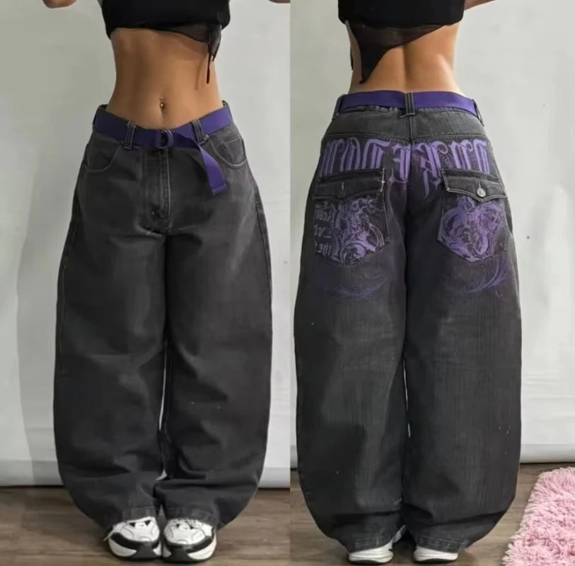 American New Fashion Oversize Pattern Embroidered Baggy Jeans Men Y2K Gothic Harajuku Hip Hop Straight High Waist Wide Leg Pants