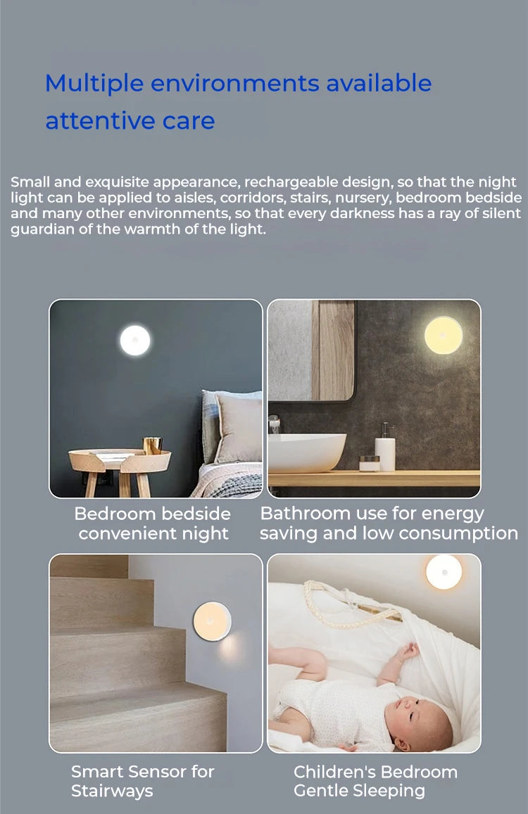2pcs LED Smart Human Body Sensor Night Lamp Emergency Automatic Lighting USB Charging Wireless Magentic Suction Use Night Light