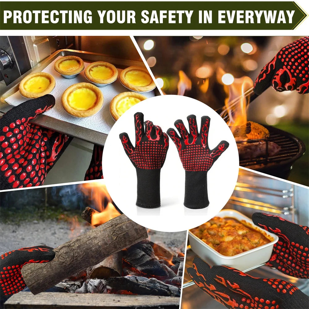 1pc Flame Retardant Non-slip BBQ Fire Glove Microwave Oven Gloves Oven Mitts Fireproof 300-500 Centigrade Extreme Heat Resistant