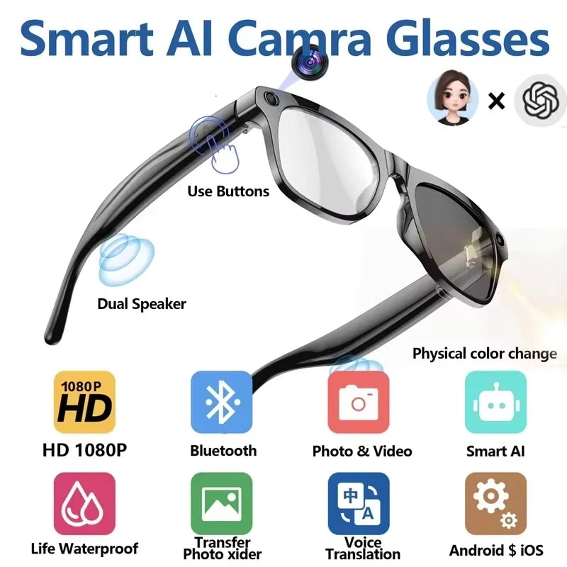 2026 4K HD Color Changing AI Smart Glasses Chat GPT 100MP Camera Bluetooth Call Voice Assistant  Control Smart Glasses 2026 New