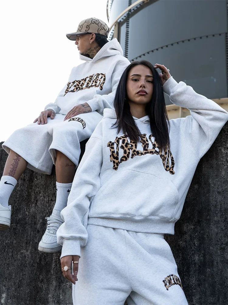 2025 new Y2K trendy high-quality cross-border leopard Embroidered casual sports men's and women's hooded sweatshirt pants