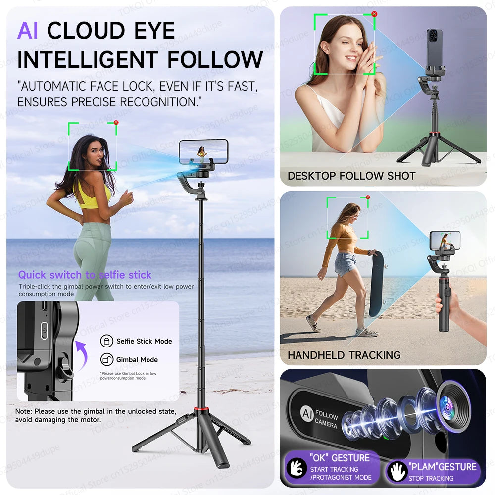 C22 AI Face Tracking Handheld Gimbal Stabiliser 360° Rotation Shoot Selfie Stick Tripod for Mobile Phone, 1/4'' Screw for Camera