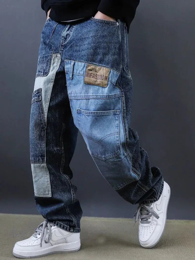 2025 Retro Washed Patch Jeans Men's Trendy Brand Loose Workwear Harem Trousers Trendy American Style
