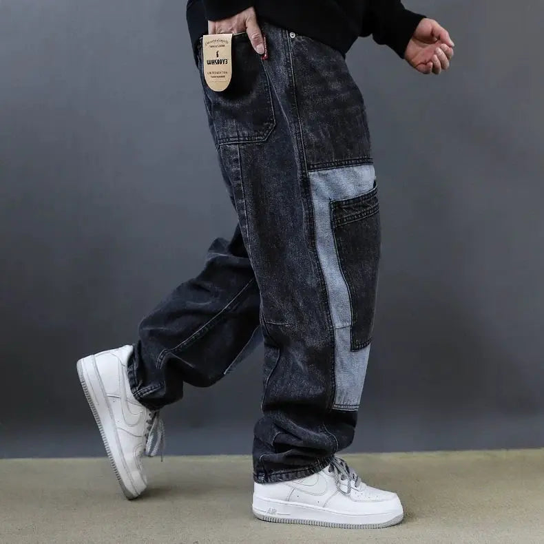 2025 Retro Washed Patch Jeans Men's Trendy Brand Loose Workwear Harem Trousers Trendy American Style
