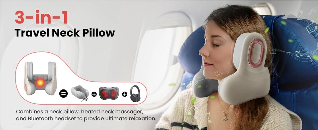 3in1 Neck Pillow for Travel, Bluetooth Noise-Canceling Headset with Neck Massager and Heat, U-Shape Memory Foam Airplane Pillows
