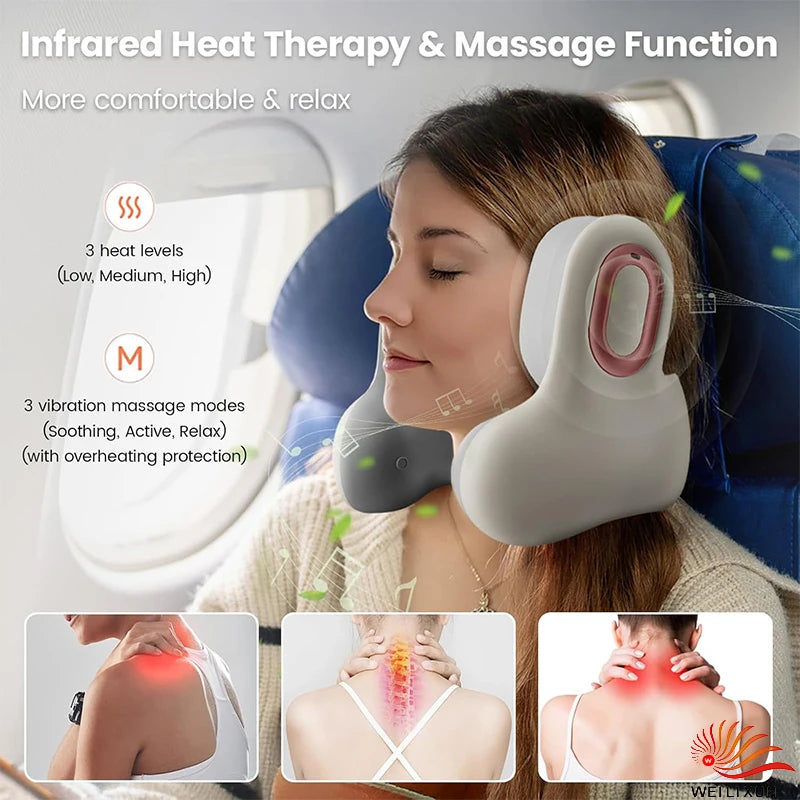 3in1 Neck Pillow for Travel, Bluetooth Noise-Canceling Headset with Neck Massager and Heat, U-Shape Memory Foam Airplane Pillows