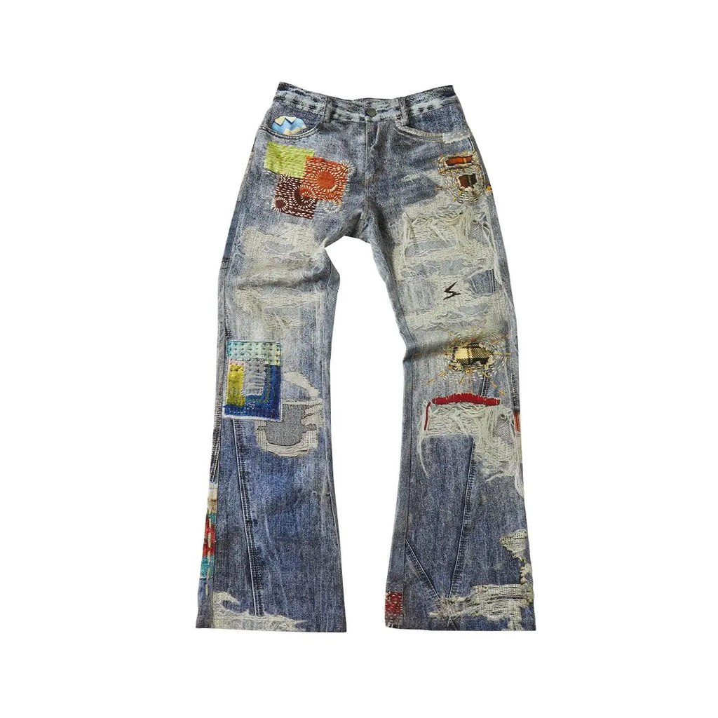 2025 new autumn and winter digital 3D printing ripped patch straight-tipped micro-flare printed jeans on the street