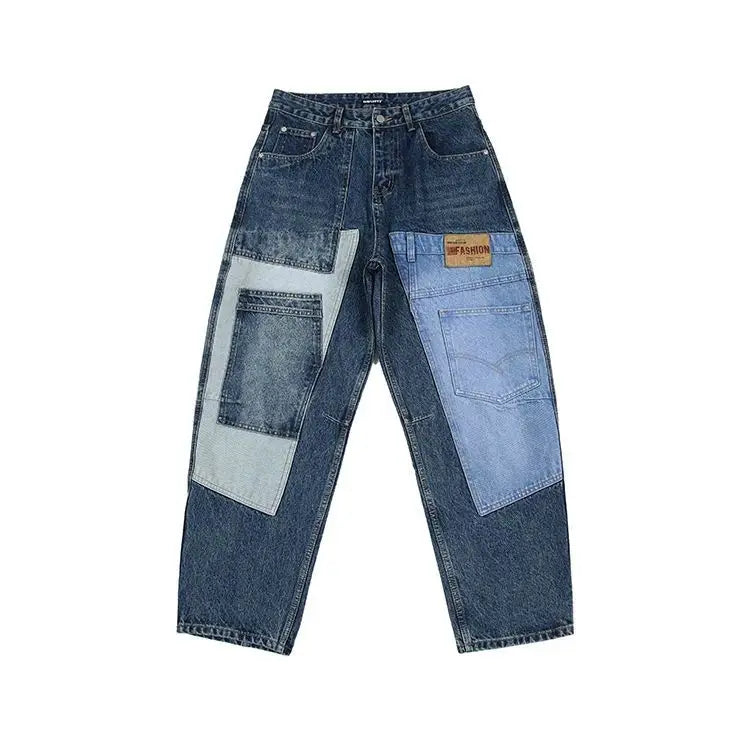 2025 Retro Washed Patch Jeans Men's Trendy Brand Loose Workwear Harem Trousers Trendy American Style