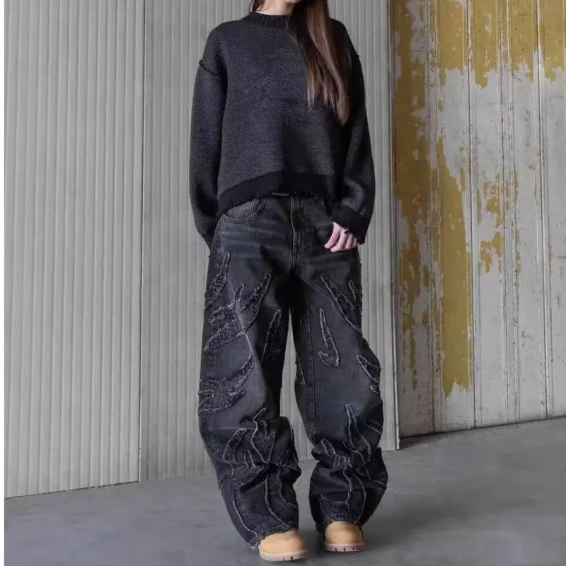 American Retro Bat Pattern Embroidered Loose Jeans Men's Street Fashion Pants Lazy Jeans Straight Leg Mid Waist Zipper Closure