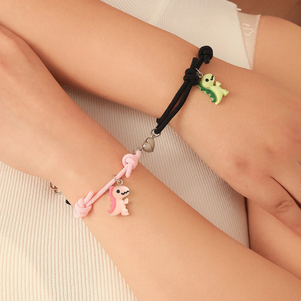2 pieces/set Luminous peach heart cute green pink dinosaur pendant couple bracelet Fashion hand-woven bracelet