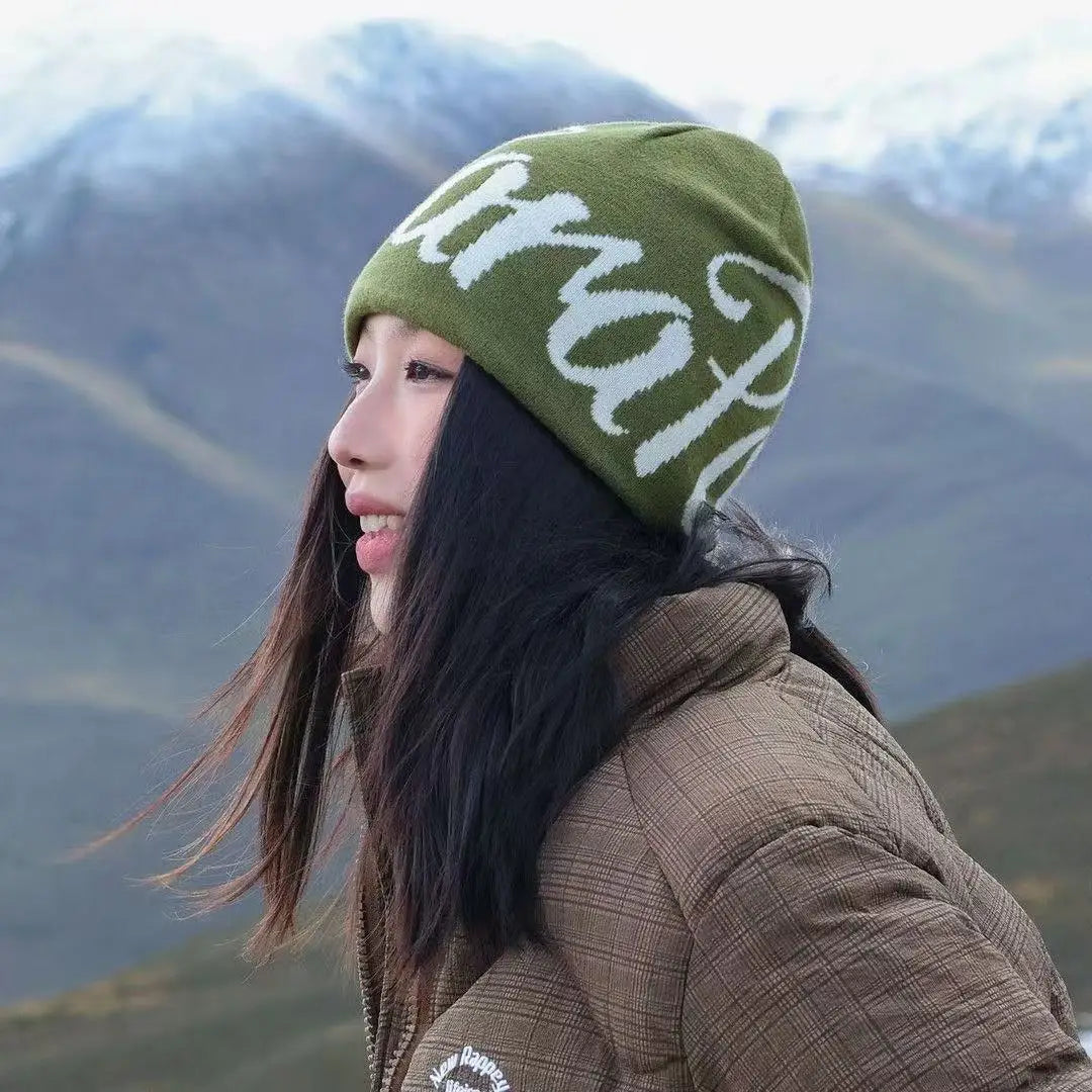 Color Block Letter Wool Knitted Hats Autumn and Winter New Warm Personal Versatile Street Fashion Hip Hop American Style Beanies
