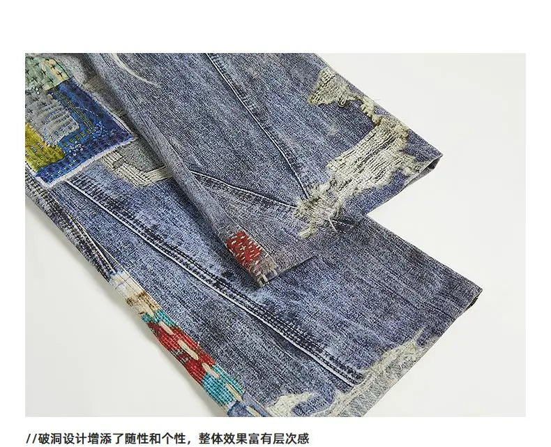 2025 new autumn and winter digital 3D printing ripped patch straight-tipped micro-flare printed jeans on the street