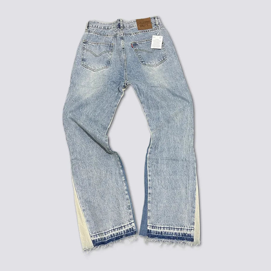 Casual Spliced Bell Bottom Jeans Vintage Washed Men's Denim Trousers from GALLERY DEPT.