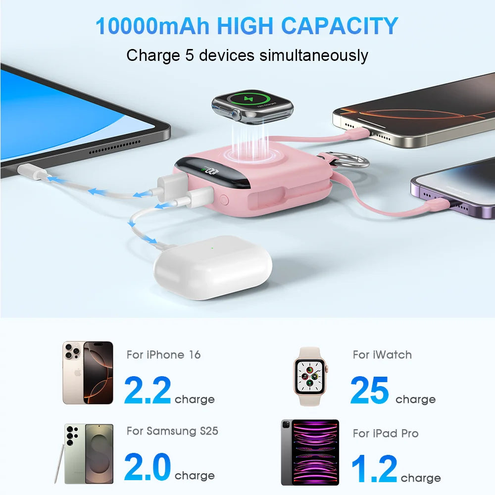 10000mAh 22.5W Fast Charging Power Bank with Built-in Cables, 4-in-1 Portable Charger with LED Display Keychain for IWatch Phone