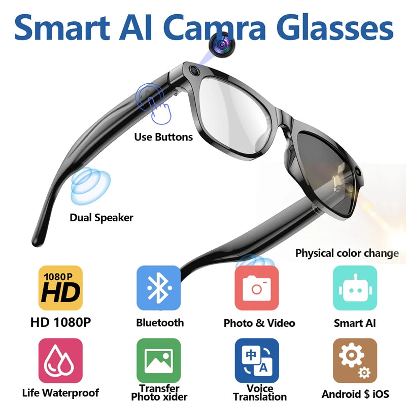2026 4K HD Color Changing AI Smart Glasses Chat GPT 100MP Camera Bluetooth Call Voice Assistant  Control Smart Glasses 2026 New