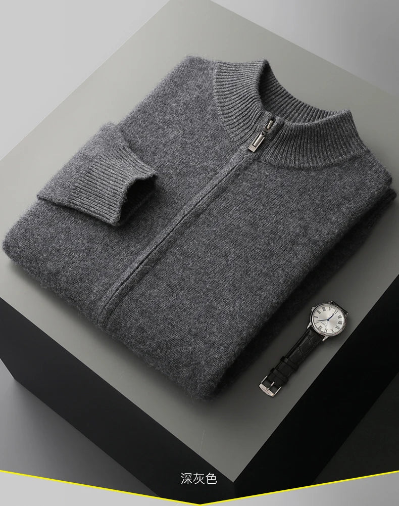 100% Merino Wool Men's Warm Sweater Mock Collar Thickened Zippered Cardigan Autumn Winter New Cashmere Knitted Long Sleeve Tops