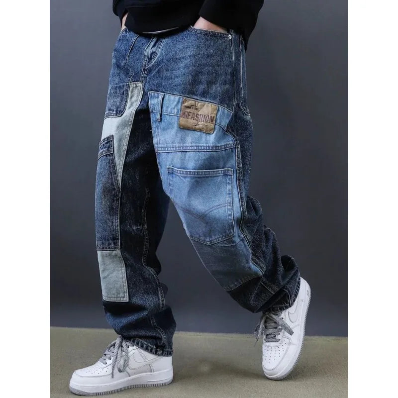 2025 Retro Washed Patch Jeans Men's Trendy Brand Loose Workwear Harem Trousers Trendy American Style