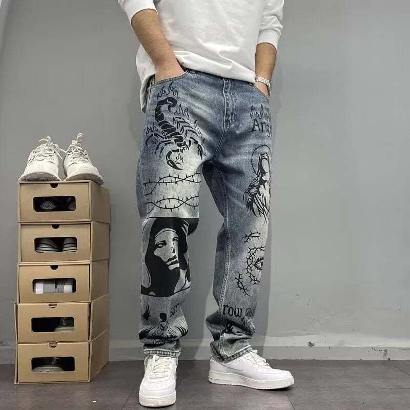 Autumn and Spring New Fashion Trend Printed Straight Leg Sports Denim Pants Men's Loose Comfortable Plus Size High Quality Pants