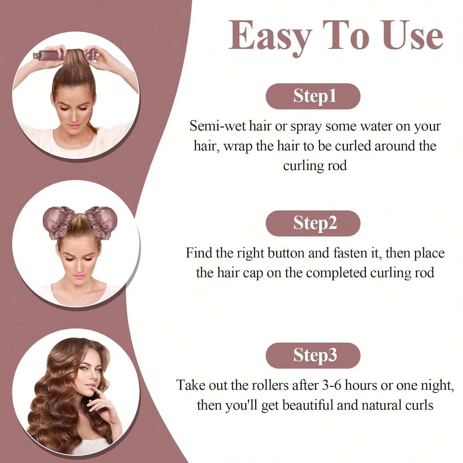 3pc Satin Heatless Curling Rod with Hair Caps, Soft Overnight Curling Rod Headband for Long Hair, DIY Hairstyling Tools