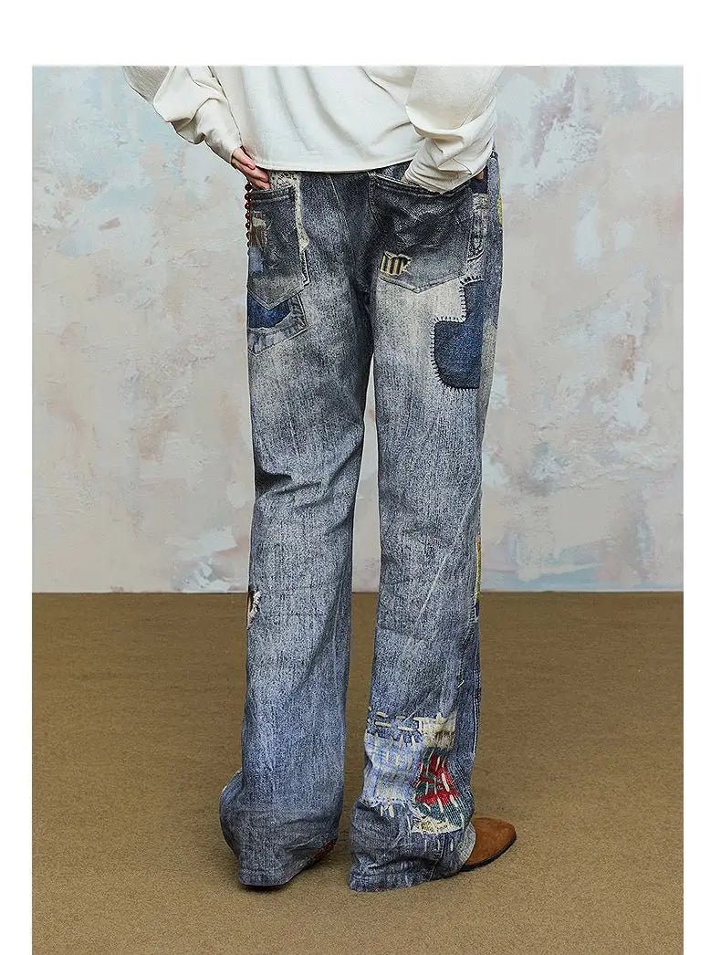 2025 new autumn and winter digital 3D printing ripped patch straight-tipped micro-flare printed jeans on the street