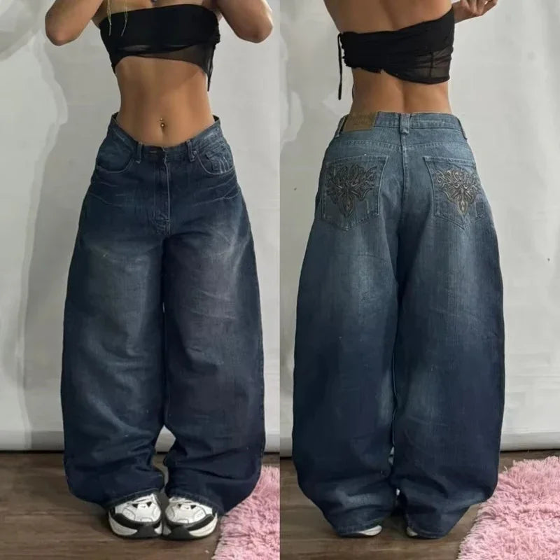 American New Fashion Oversize Pattern Embroidered Baggy Jeans Men Y2K Gothic Harajuku Hip Hop Straight High Waist Wide Leg Pants