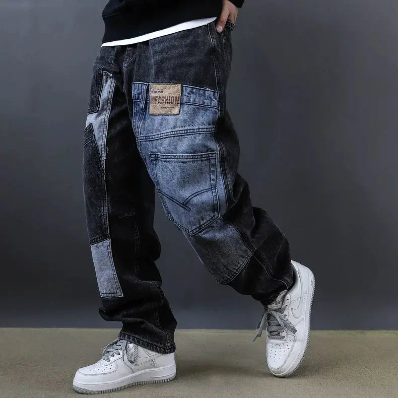2025 Retro Washed Patch Jeans Men's Trendy Brand Loose Workwear Harem Trousers Trendy American Style
