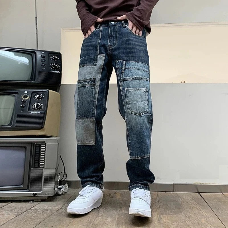 American Style New Fashion Men's High Street Casual Trendy Loose Spliced Multi Pocket Denim Trousers Male Jeans Pants Clothes