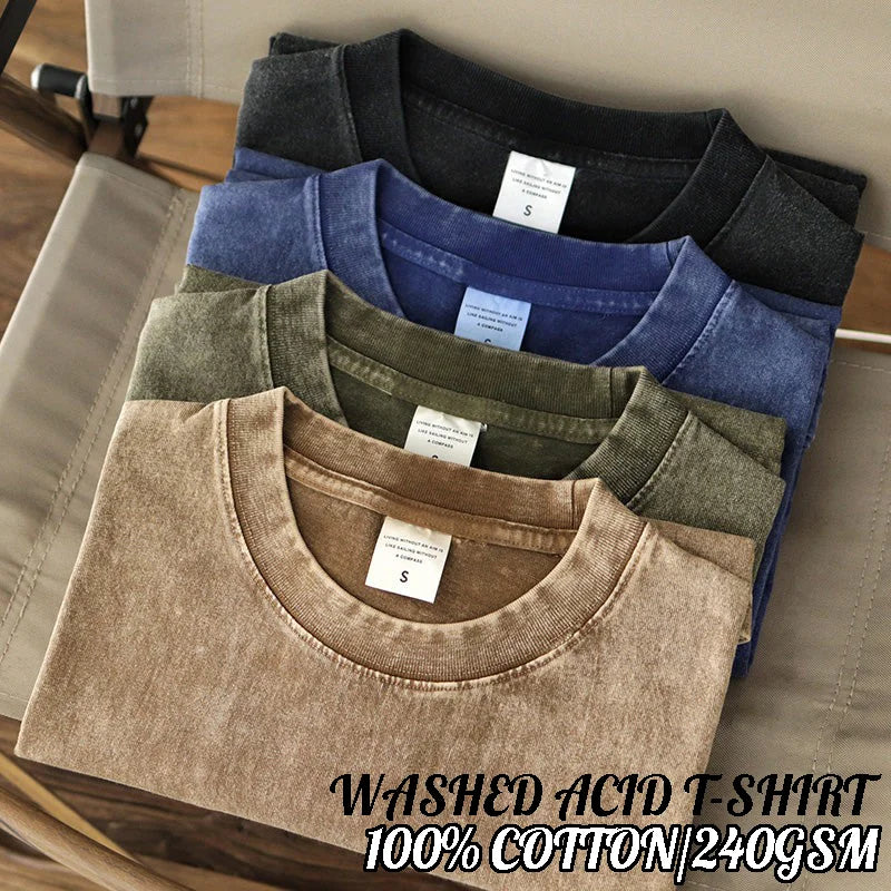 240G High Quality Men T-Shirts Oversized Korean Y2k Short Sleeve Washed T Street Retro Vintage Solid Cotton Hip Hop Punk Clothes