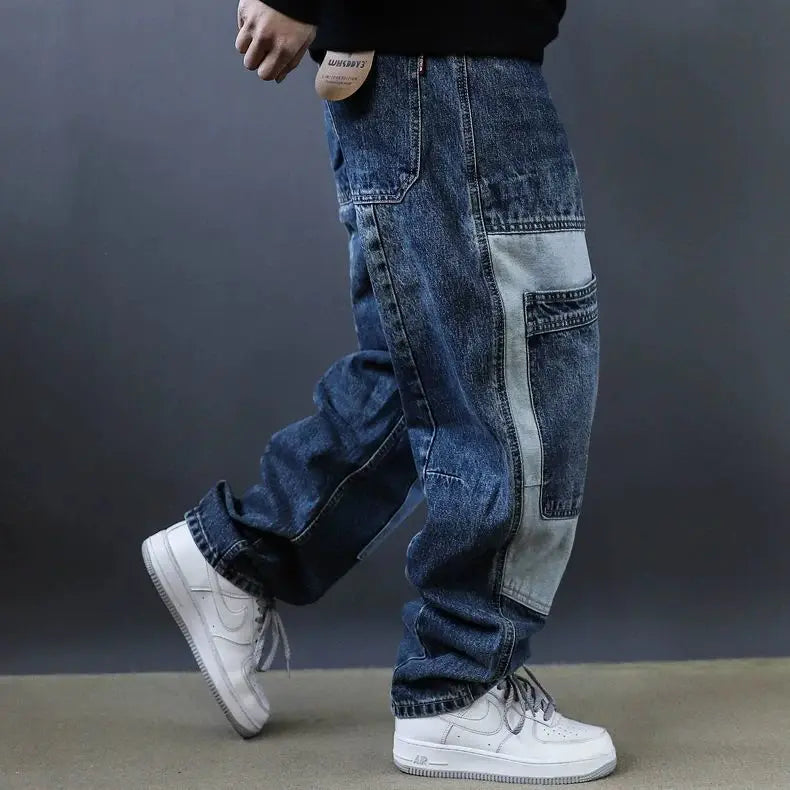 2025 Retro Washed Patch Jeans Men's Trendy Brand Loose Workwear Harem Trousers Trendy American Style