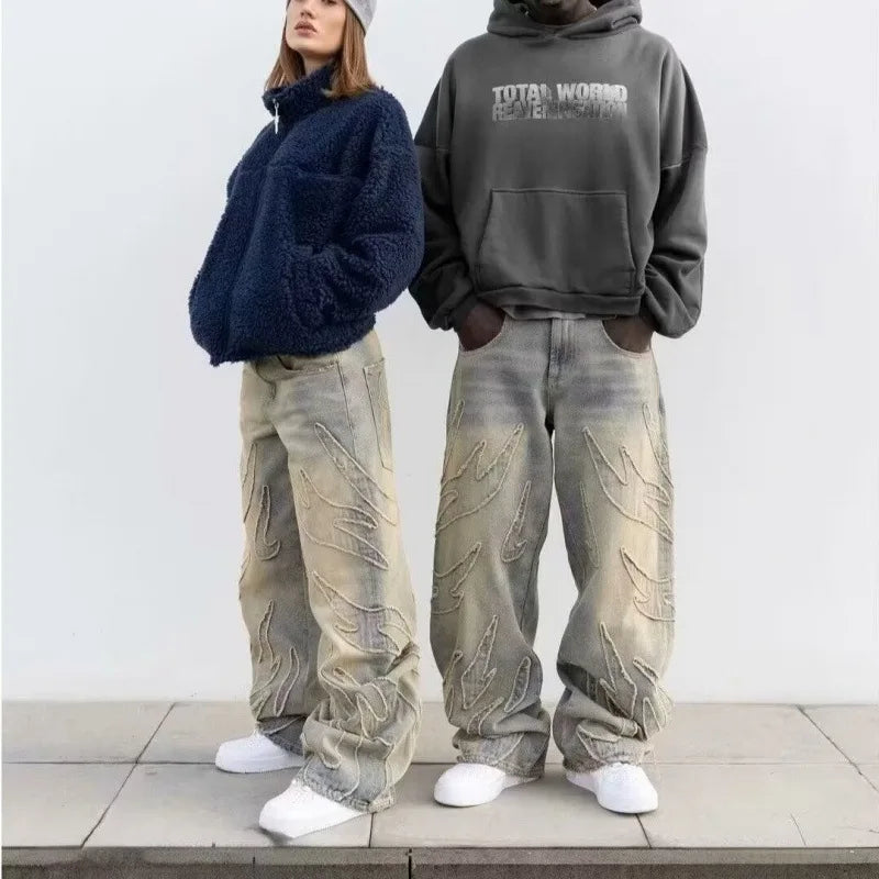 American Retro Bat Pattern Embroidered Loose Jeans Men's Street Fashion Pants Lazy Jeans Straight Leg Mid Waist Zipper Closure