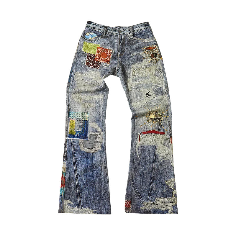 2025 new autumn and winter digital 3D printing ripped patch straight-tipped micro-flare printed jeans on the street