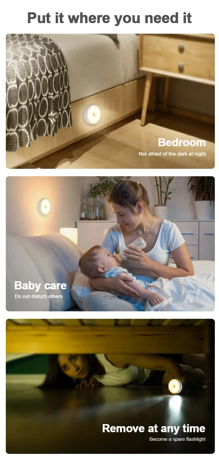 3PCS LED Motion Sensor Light Night Light USB Rechargeable Night Lamp for Kitchen Cabinet Wardrobe Lamp Staircase Closet Light