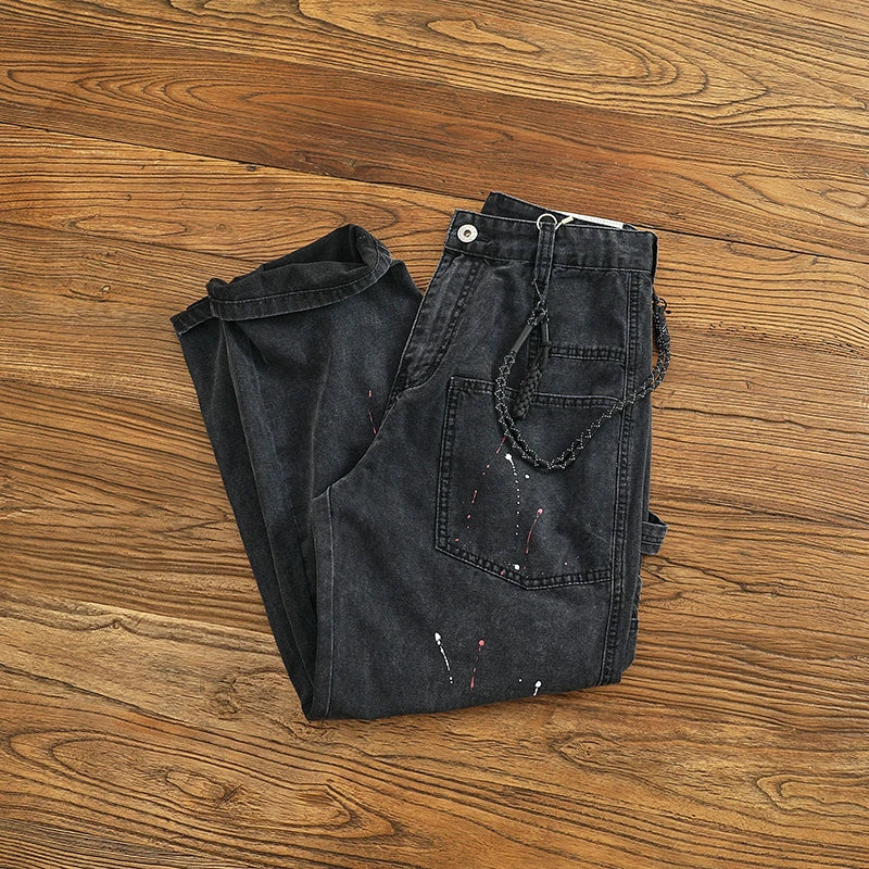 Classic retro logging overalls men wash to do old personality splash-ink spray paint to do old loose straight leg jeans tide