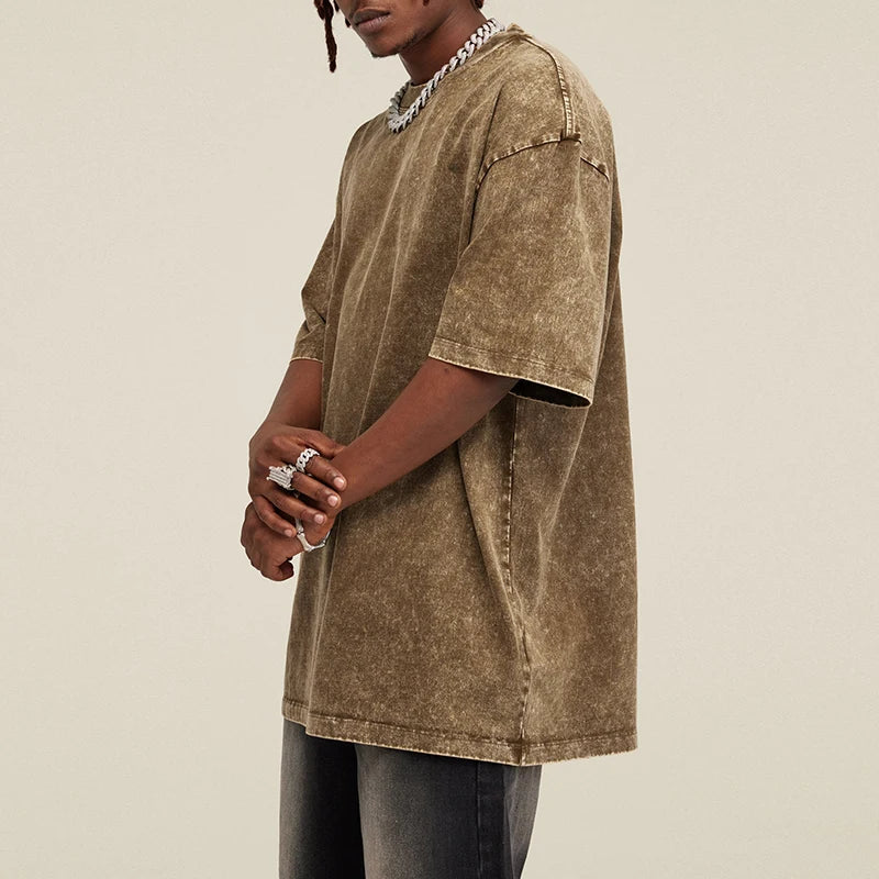 240G High Quality Men T-Shirts Oversized Korean Y2k Short Sleeve Washed T Street Retro Vintage Solid Cotton Hip Hop Punk Clothes