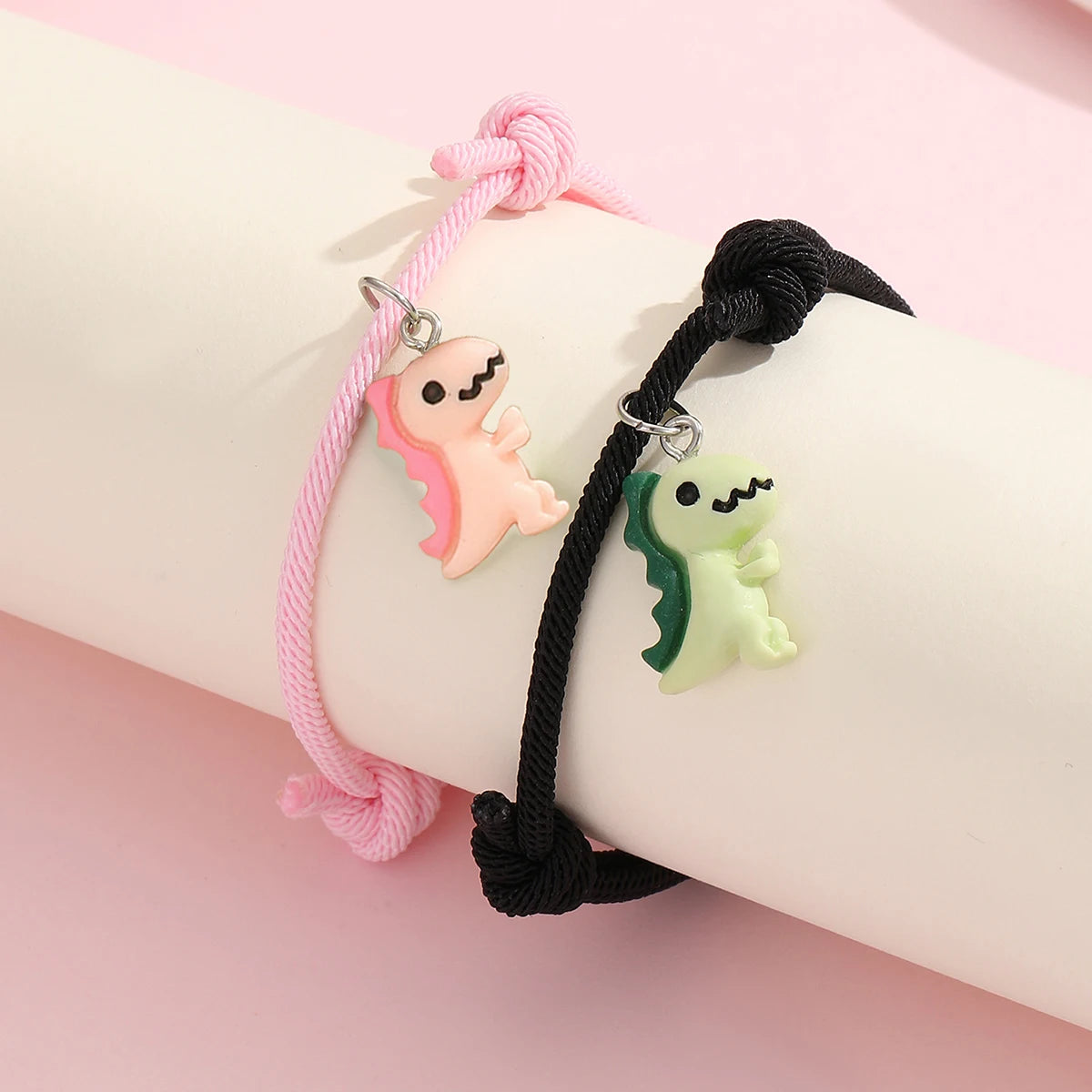 2 pieces/set Luminous peach heart cute green pink dinosaur pendant couple bracelet Fashion hand-woven bracelet