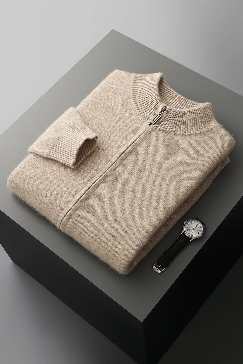 100% Merino Wool Men's Warm Sweater Mock Collar Thickened Zippered Cardigan Autumn Winter New Cashmere Knitted Long Sleeve Tops